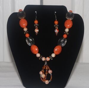 Elegant Orange Beaded Necklace and Earring Set